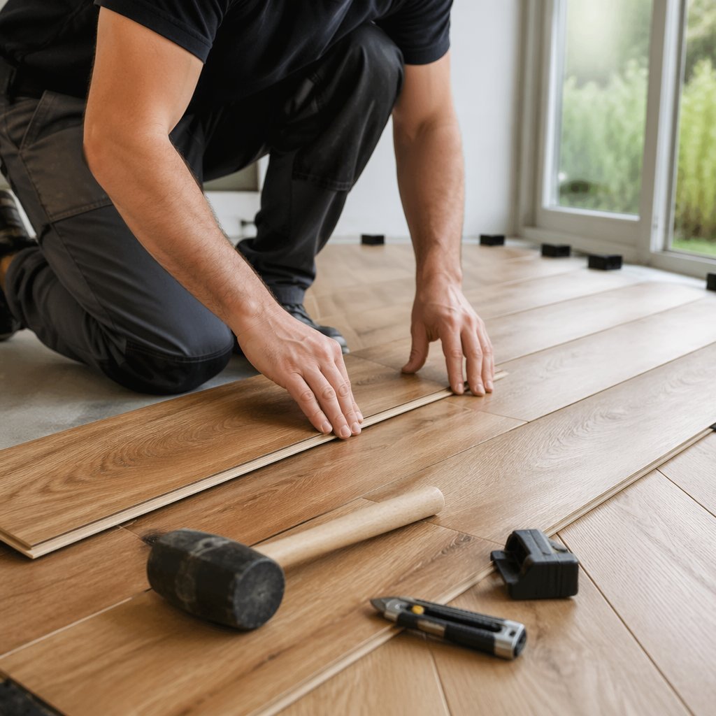 Laminate flooring installer Surrey fitting wooden floor planks during installation process