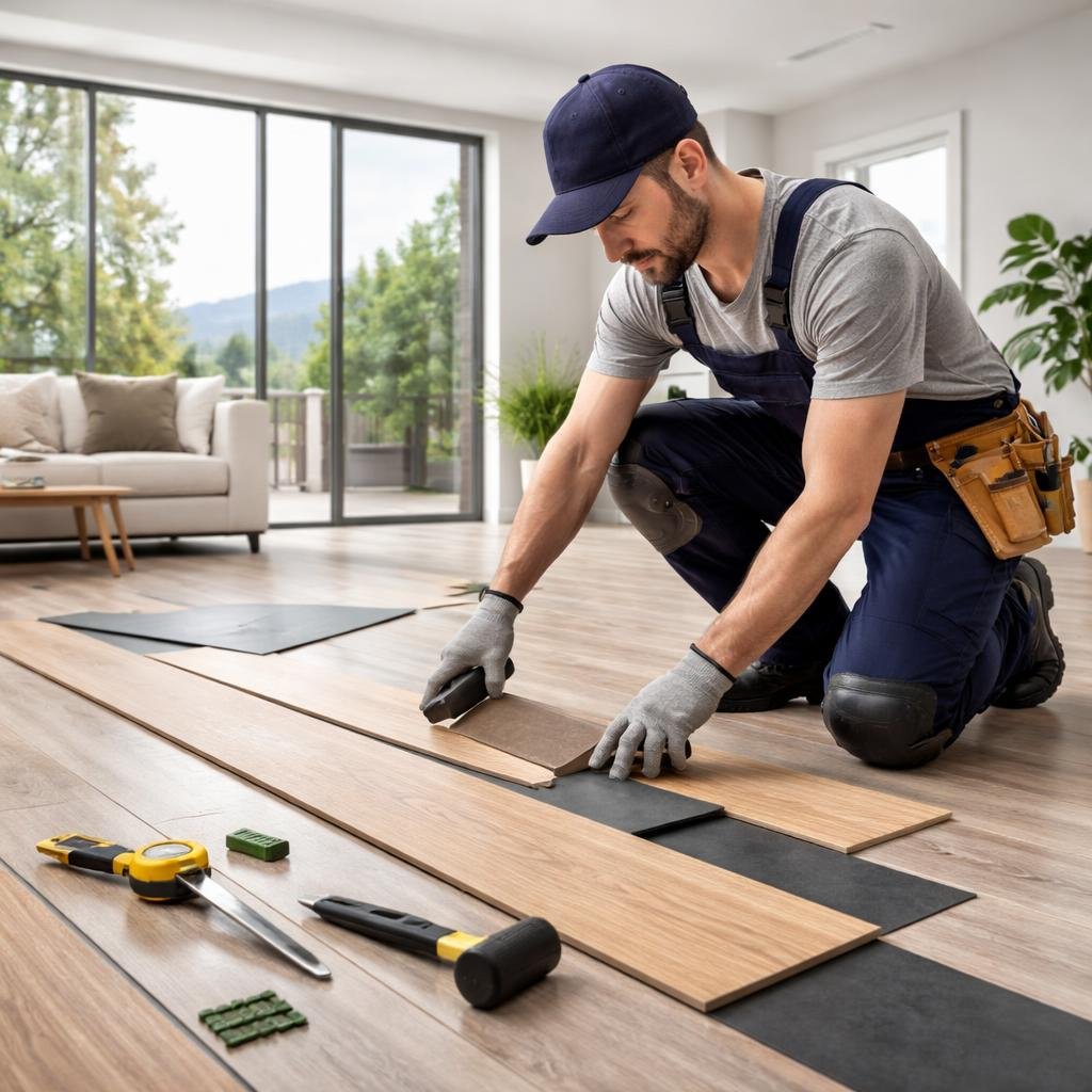 vinyl plank flooring installer in Vancouver working in modern home