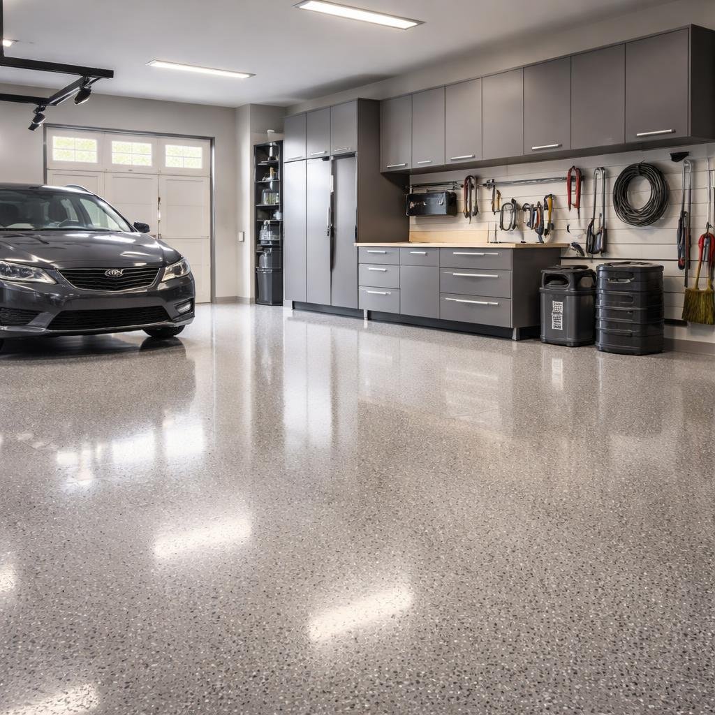 epoxy garage floor Langley modern glossy garage flooring with decorative flakes