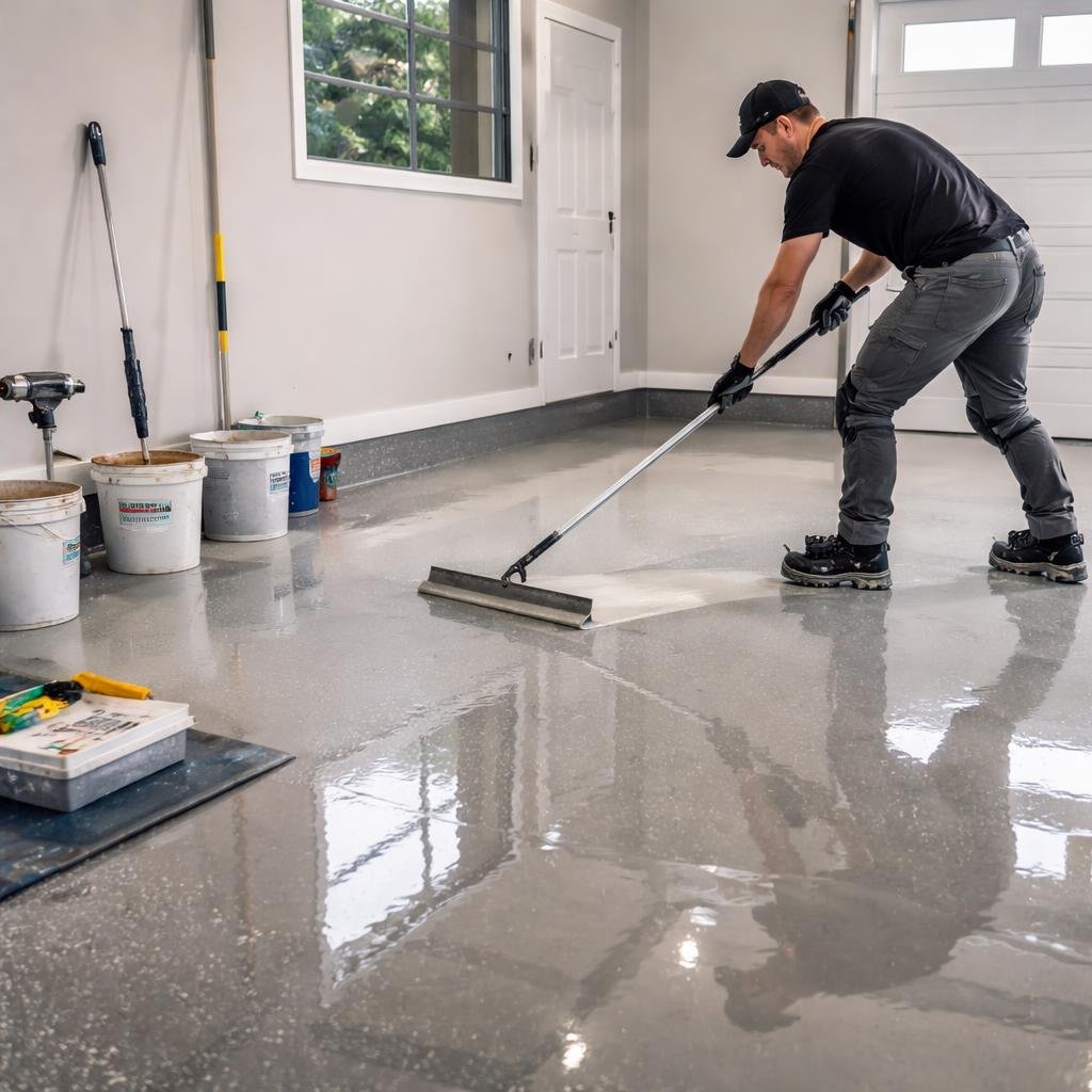 epoxy garage floor Langley installation process glossy concrete coating