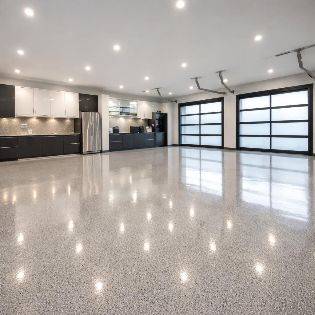 Professional epoxy flooring installation process in Vancouver residential garage with surface preparation and coating