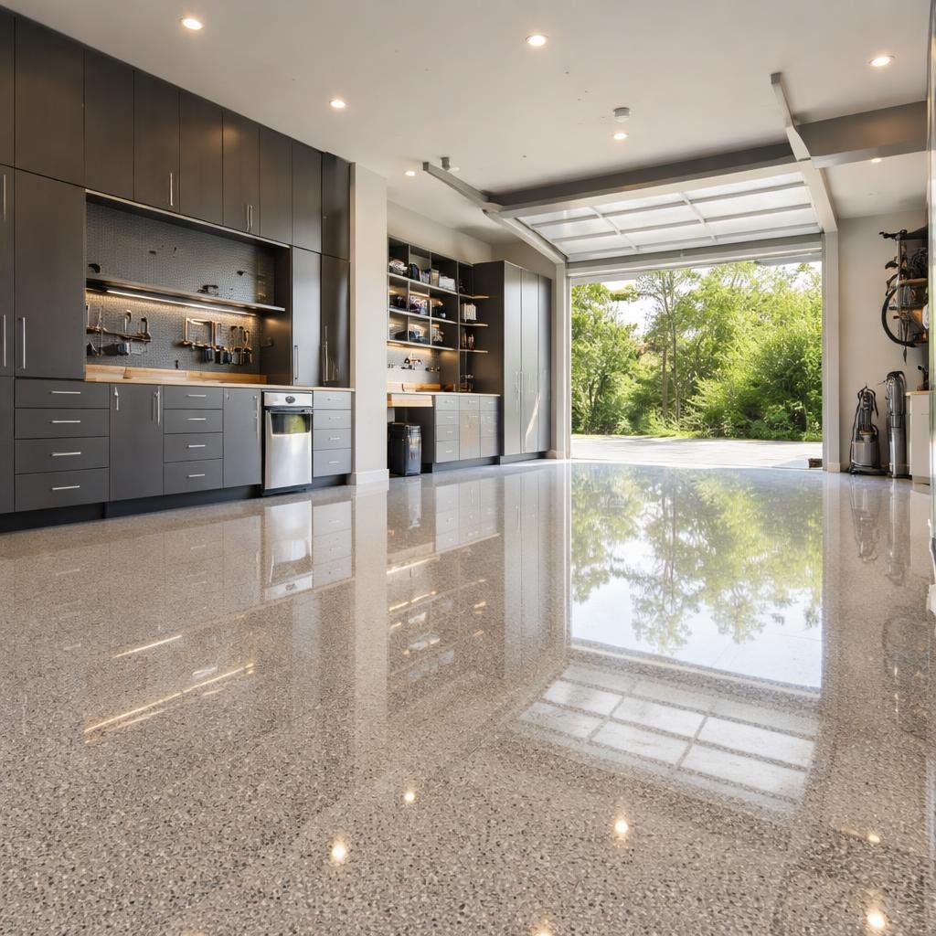 Finished epoxy garage floor Vancouver Langley shiny durable coating in modern home garage