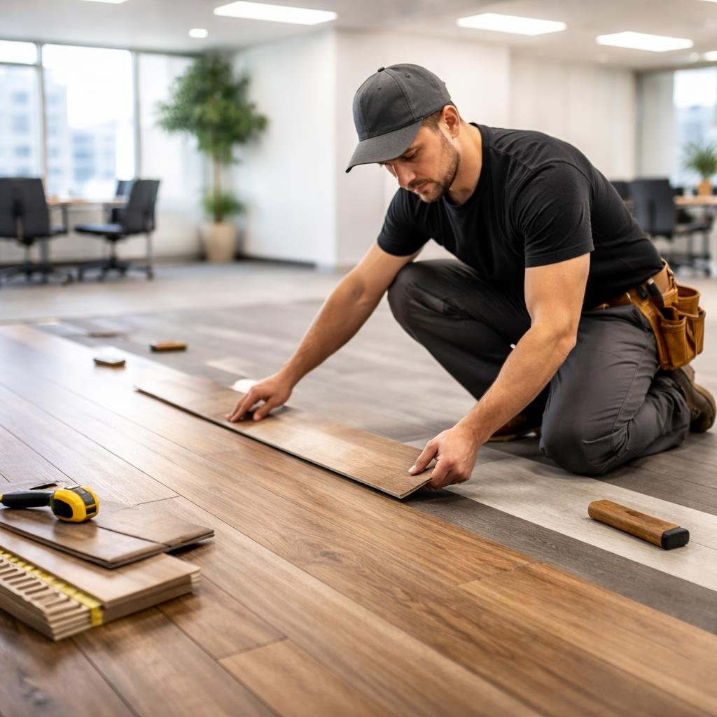Professional vinyl plank flooring installer working in a commercial space in Langley