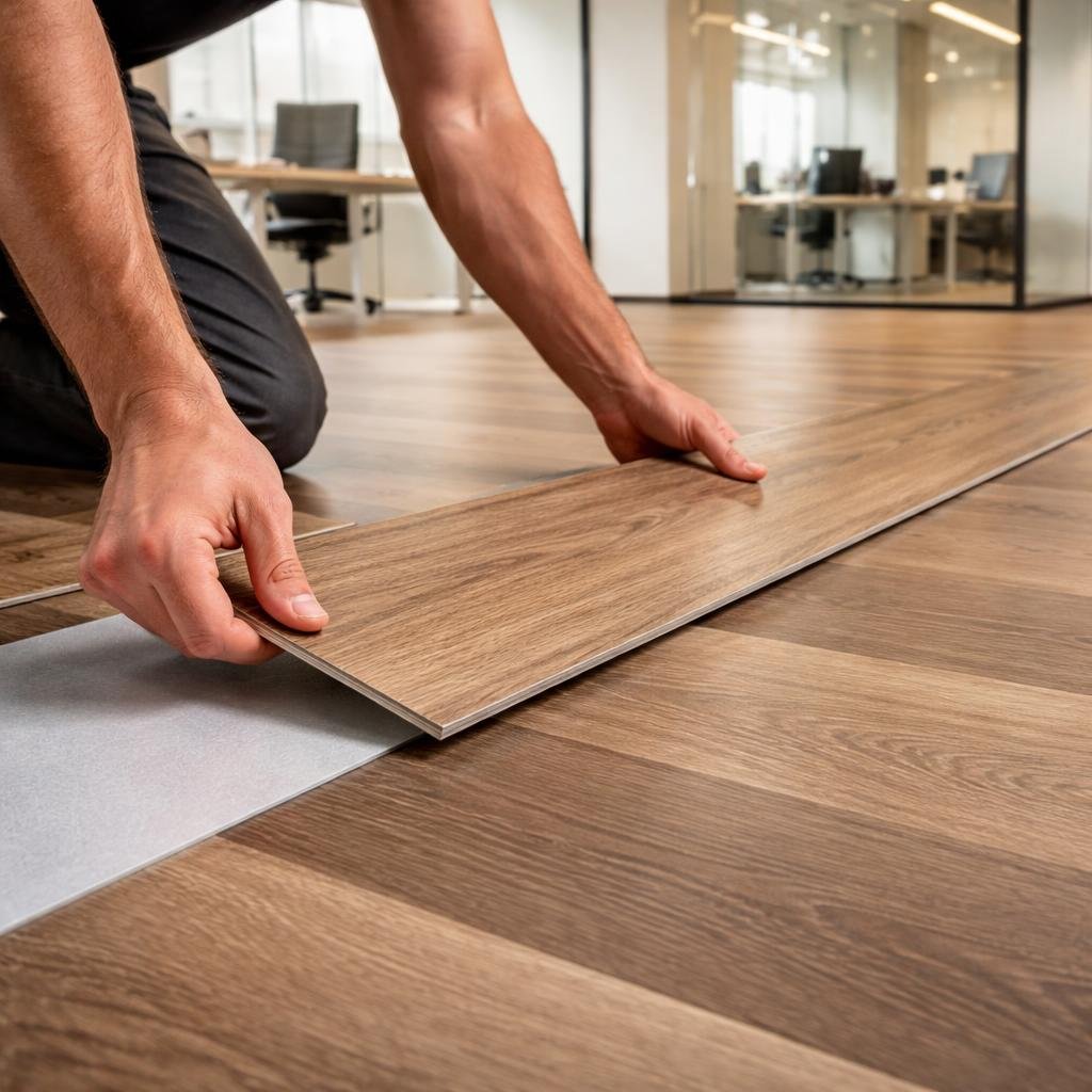 Close-up of vinyl plank flooring installation in a commercial building in Langley showing precise alignment and craftsmanship