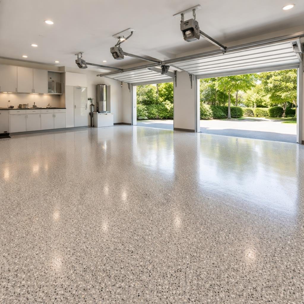 A professional contractor applying polyaspartic floor coating on a concrete surface in Surrey, using tools and protective gear, close-up action shot, realistic and detailed”